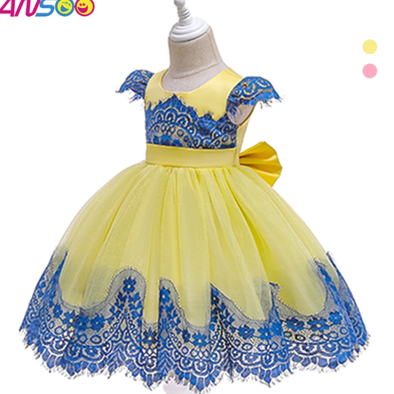 Ansoo New Children \\ s clash color ins dress sequins lace lace princess dress with big bow สำหรับ 3-10 ปีสาว