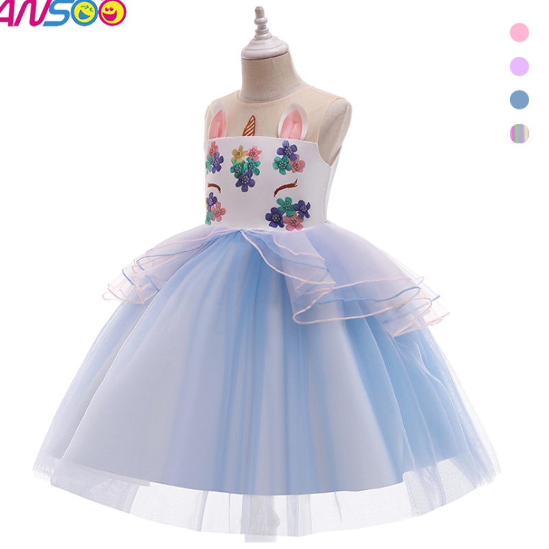 Ansoo Kid Toddler Girl Birthday Ball Party Cosplay เครื่องแต่งกาย Rainbow Unicorn Fluffy เลเยอร์ Tulle Tutu Dress for Girl