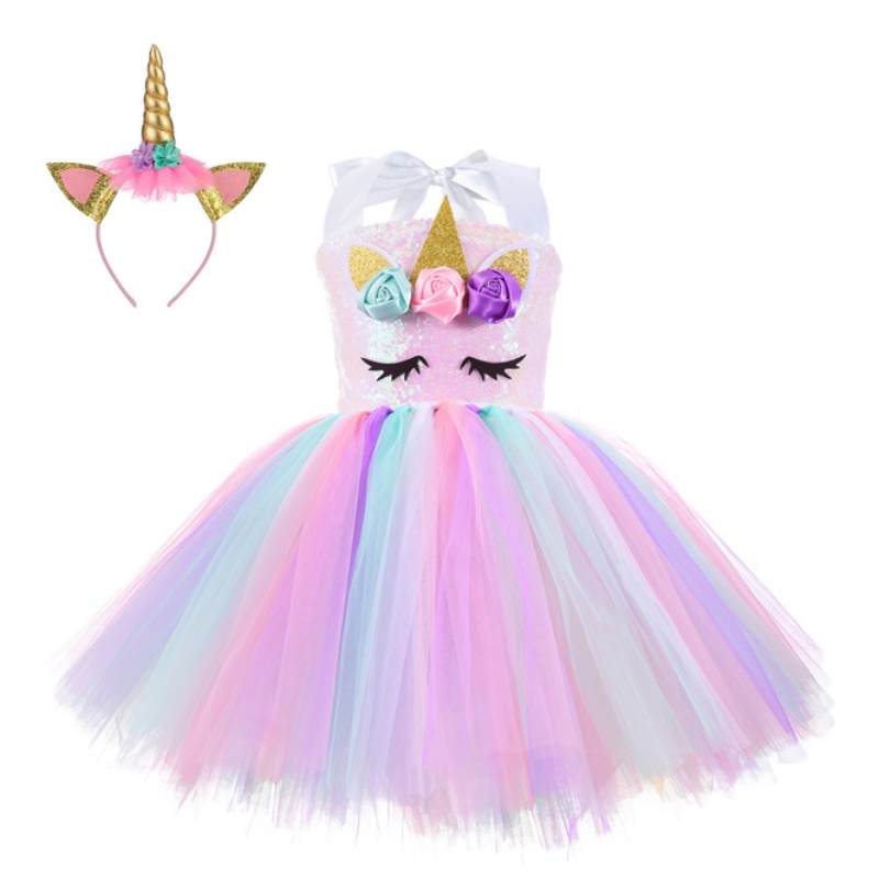 ชุดปาร์ตี้เลื่อมชุด Unicorn Princess สำหรับสาว 1-10y พร้อมชุดวันเกิดที่คาดผม Tutu Dance Dress