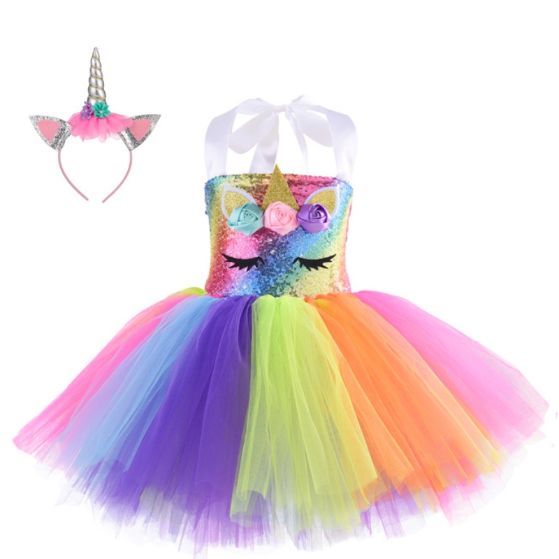 ชุดปาร์ตี้เลื่อมชุด Unicorn Princess สำหรับสาว 1-10y พร้อมชุดวันเกิดที่คาดผม Tutu Dance Dress