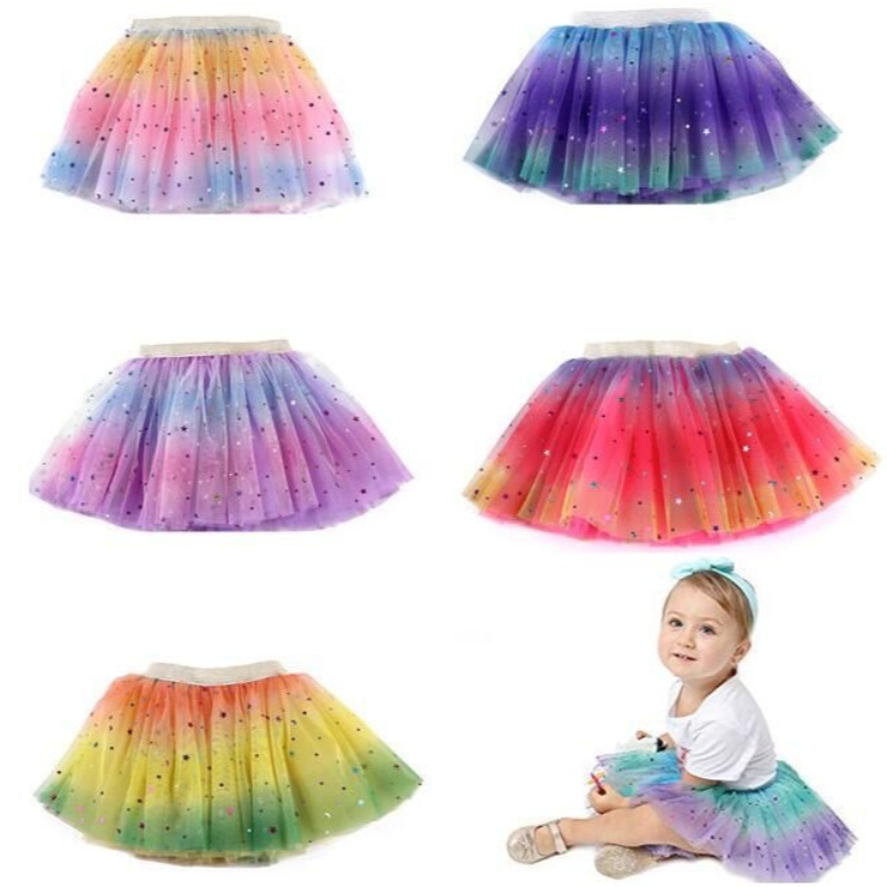 กระโปรงประสิทธิภาพตาข่าย Tulle Rainbow กระโปรง Tutu สำหรับสาวน้อย