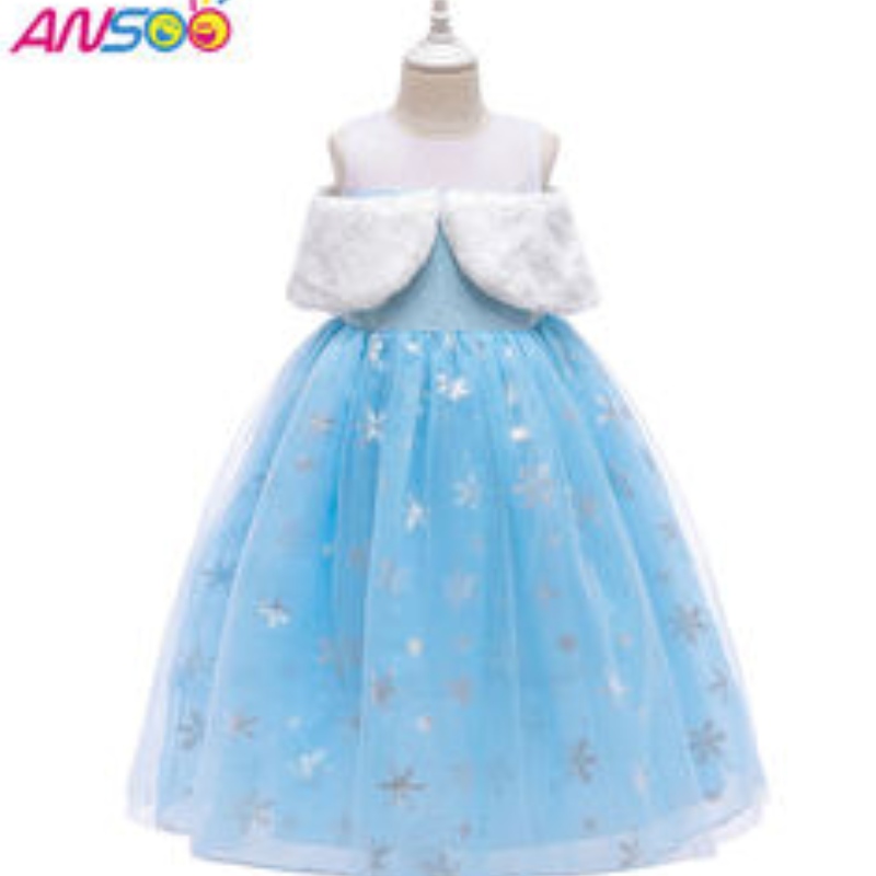 Ansoo2021 การแสดงของเด็ก ๆ Elsa Fashion Girl Wool Collar Collar Princess Dress Lovely Girls Costume