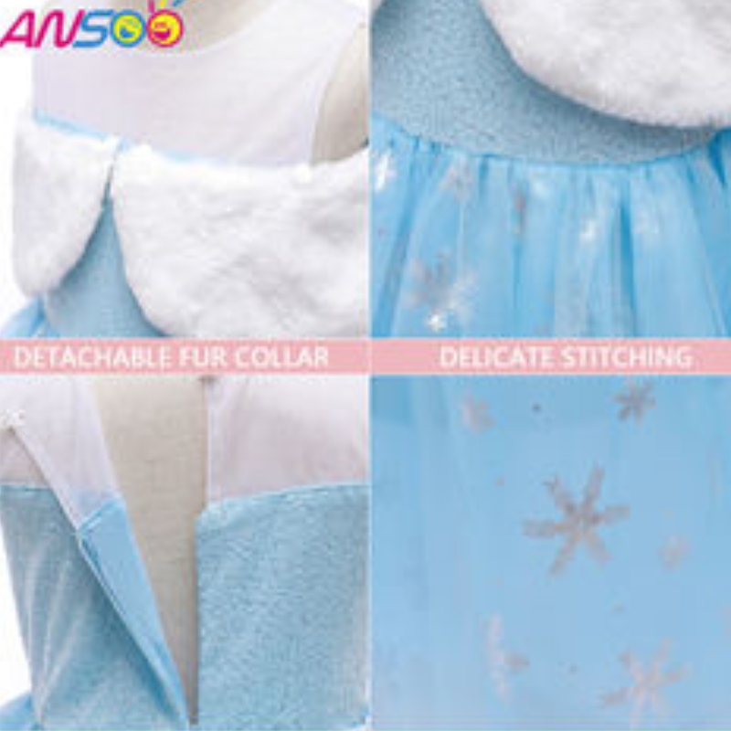 Ansoo2021 การแสดงของเด็ก ๆ Elsa Fashion Girl Wool Collar Collar Princess Dress Lovely Girls Costume