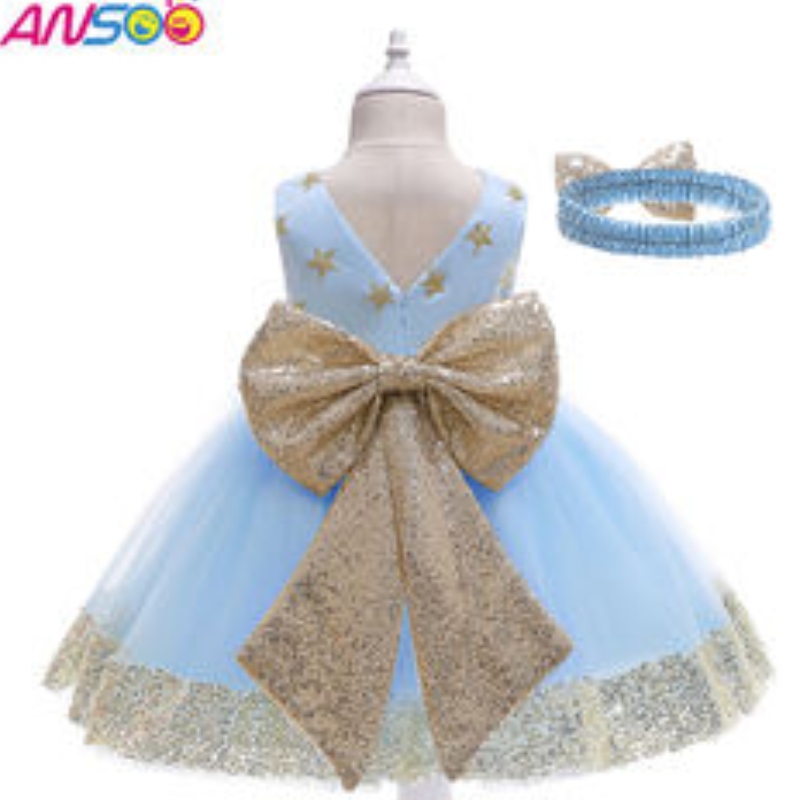 Ansoo Fancy Kids Dress New Lace Lace Flower Flower Stars Lovely Baby Baby Kids ชุดวันเกิดครั้งแรกสำหรับเด็กผู้หญิง 1-13 ปี