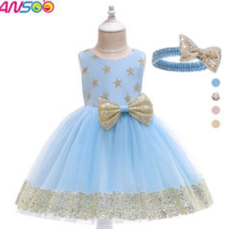 Ansoo Fancy Kids Dress New Lace Lace Flower Flower Stars Lovely Baby Baby Kids ชุดวันเกิดครั้งแรกสำหรับเด็กผู้หญิง 1-13 ปี