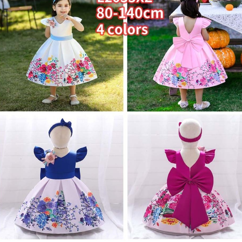 Baige Big Bow Christmas Flower Girl Party Princess Dress Baige พิมพ์ V-Back Ball Ball Ball Gown L2033xz