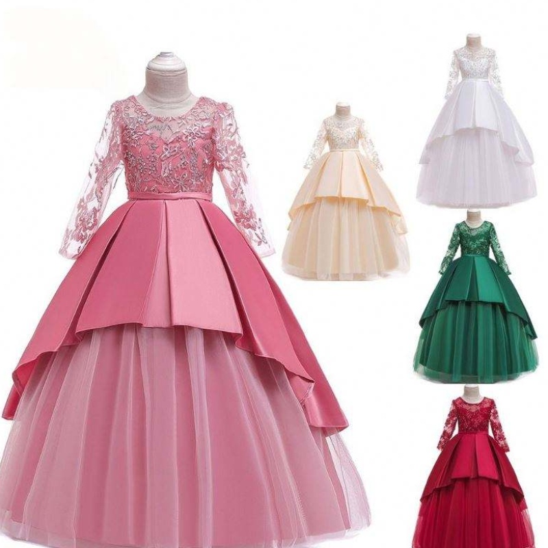 ปาร์ตี้เด็กผู้หญิงคุณภาพสูง Frock Kids Evening Party Gowns ลูกไม้แขนยาว Maxi Dress LP-233