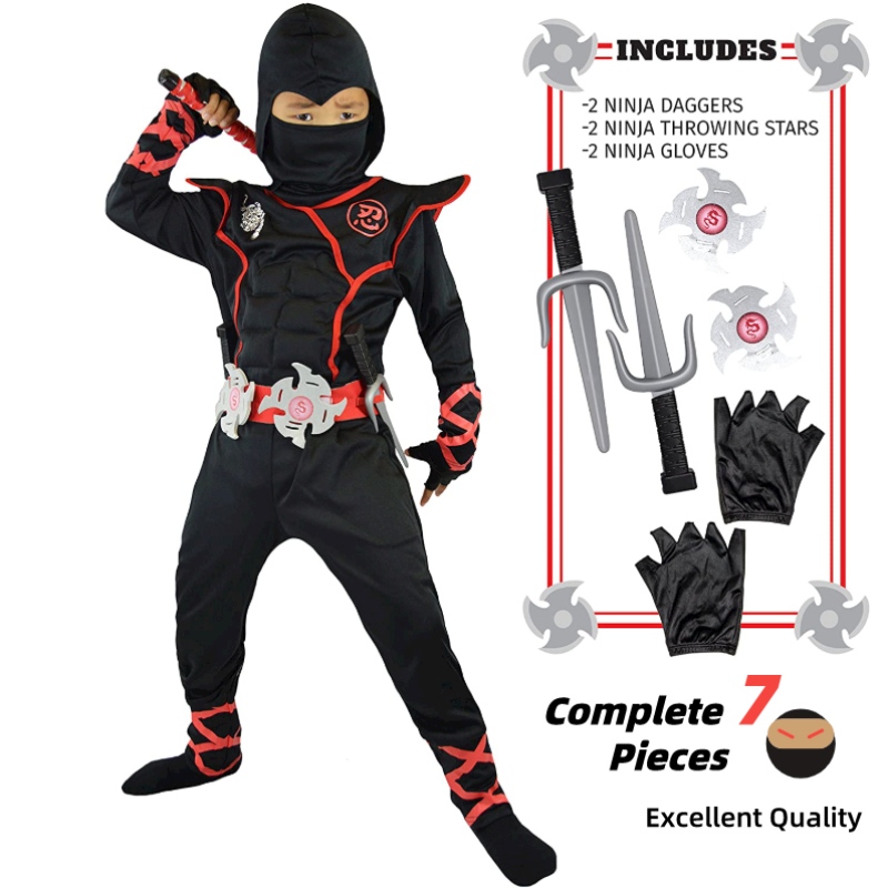 7 ชิ้น unisex unisex childninja deluxe costume สำหรับเด็กบทบาทเล่นธีมปาร์ตี้วันฮาโลวีนชุดแฟนซี