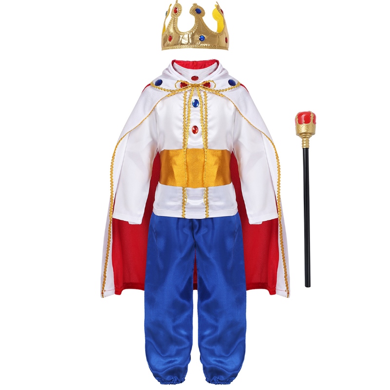 King Prince Costumes for Boys Kids Halloween Cosplay Dress Up Cloak Crown Scepter Set Carnival Roleplay Party