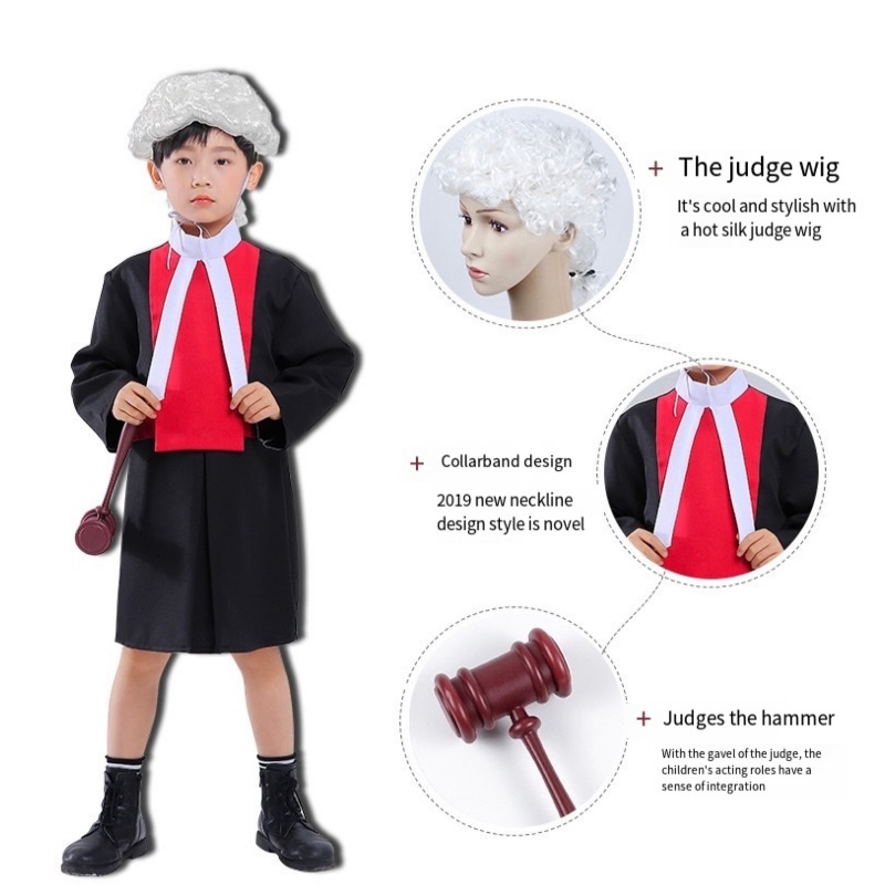 ชุดผู้พิพากษาเด็กชุดคอสเพลย์กับ Wig Gavel Halloween Career ทนายความชุดเด็กชุดเด็ก