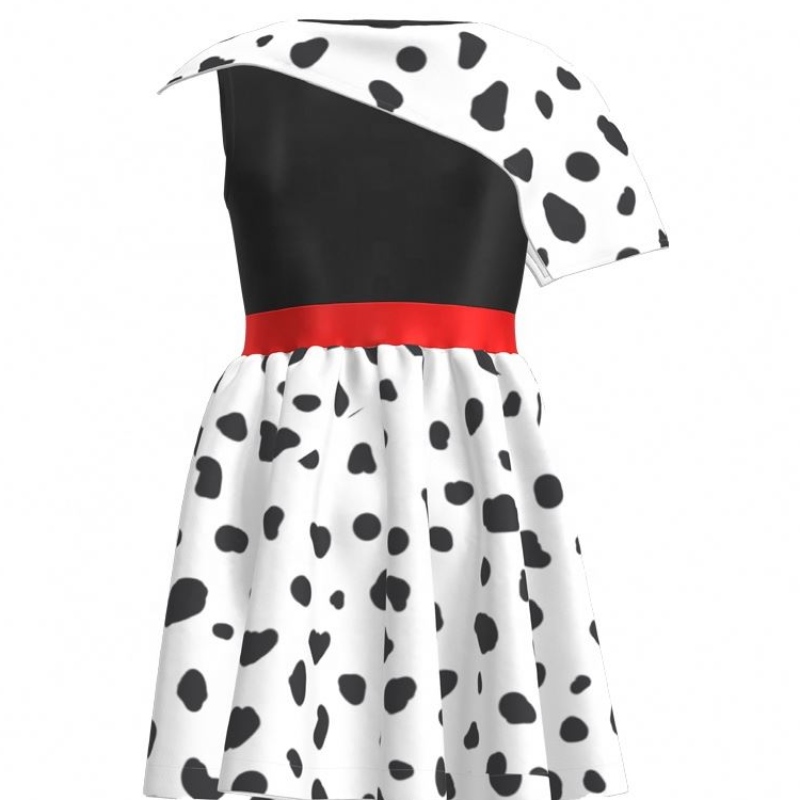 Hot Sale Birthday Party 2022 ภาพยนตร์คอสเพลย์ชุดเด็กสาวปาร์ตี้สีดำขาว Cruella Deville Dalmatians Gown สำหรับวันฮาโลวีน