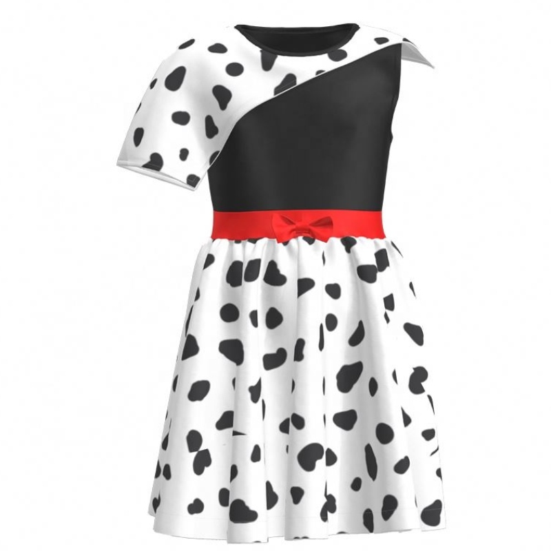 Hot Sale Birthday Party 2022 ภาพยนตร์คอสเพลย์ชุดเด็กสาวปาร์ตี้สีดำขาว Cruella Deville Dalmatians Gown สำหรับวันฮาโลวีน