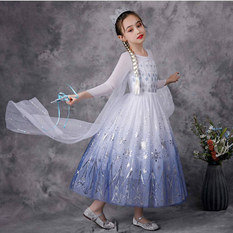 Kids Dress Up Fancy Princess Costume บทบาทเล่นปาร์ตี้ฮัลโลวีนชุดเอลซาสำหรับเด็กผู้หญิงชุดราชินีหิมะปาร์ตี้ K57