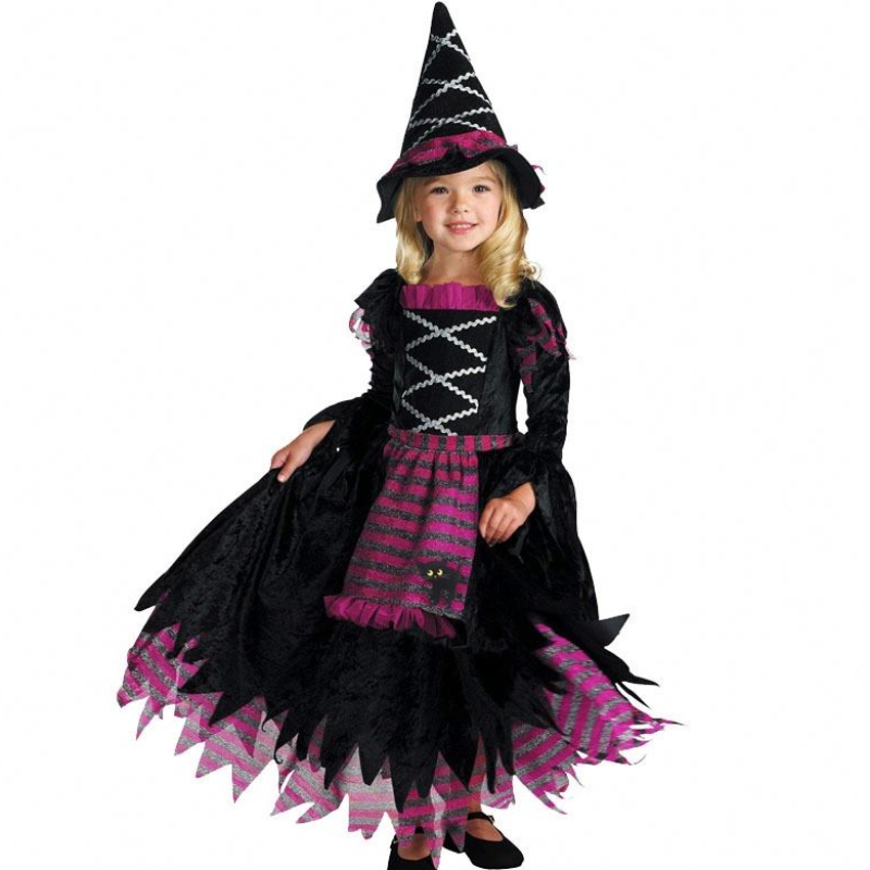 แนวคิดผลิตภัณฑ์ใหม่ 2022 Halloween Deluxe Party Fairytale Witch Costume สำหรับเด็กผู้หญิงที่มีหมวกแม่มด HCVM-007