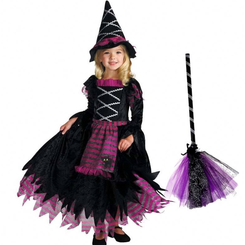 แนวคิดผลิตภัณฑ์ใหม่ 2022 Halloween Deluxe Party Fairytale Witch Costume สำหรับเด็กผู้หญิงที่มีหมวกแม่มด HCVM-007