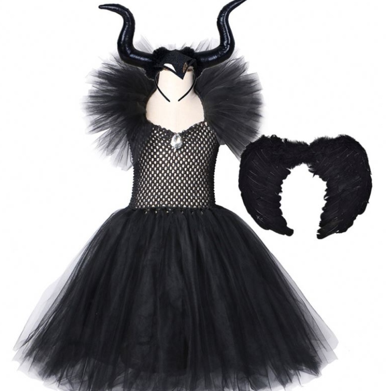 Kids Black Devil Tutu เครื่องแต่งกาย Halloween Girls Fancy Tutu Dress พร้อมผ้าคลุมไหลเธอ Royal Dark Queen Maleficent Gown