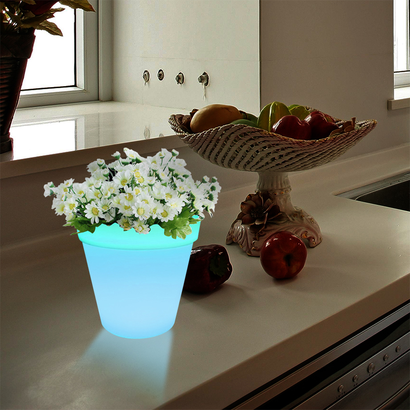 RGB เปลี่ยนสี LED Plant Pot Table Control, Touch Touch, Modern PE Plastic Flower Pot LED Table LED พร้อมฐานไม้เนื้อแข็งสำหรับห้องนั่งเล่น/bedroom/office