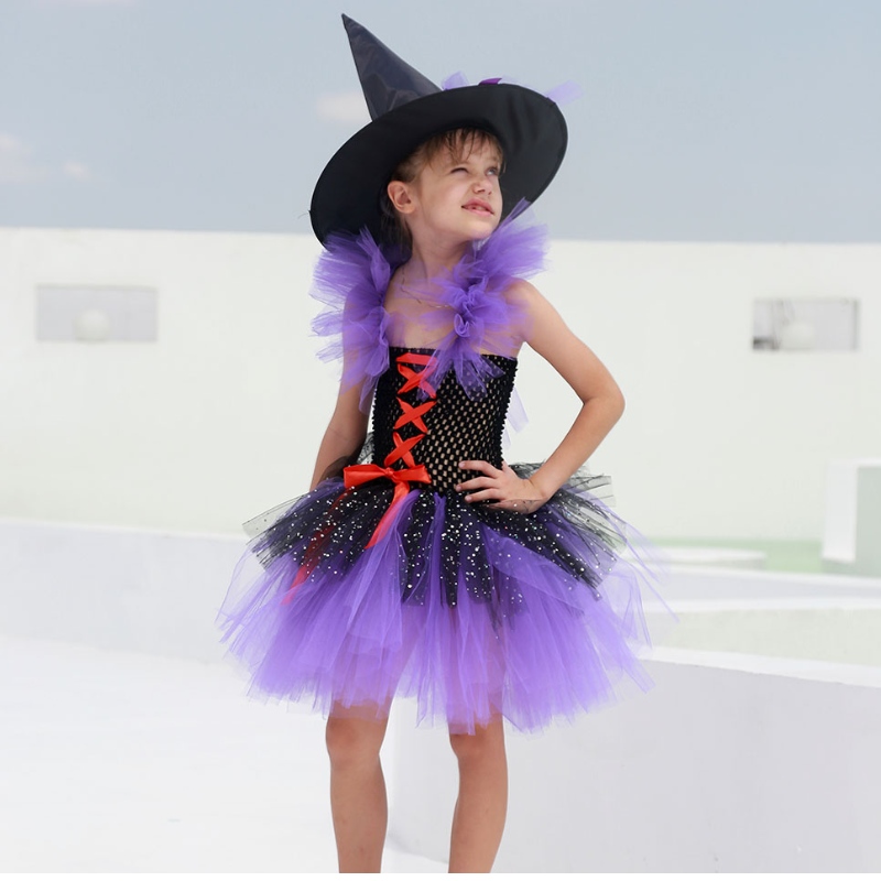Amazon Hot Selling Tutu Witch Dress เครื่องแต่งกายสำหรับสาว ๆ ที่มีหมวก Witchy Hat Halloween Carnival Party