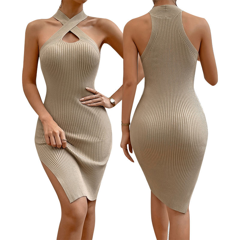 Summer Custom Women Knit Dress Sexy Neck Design Women Solid Color Dresses Lady กระโปรงชุดเสื้อสเวตเตอร์ถักนิตติ้ง