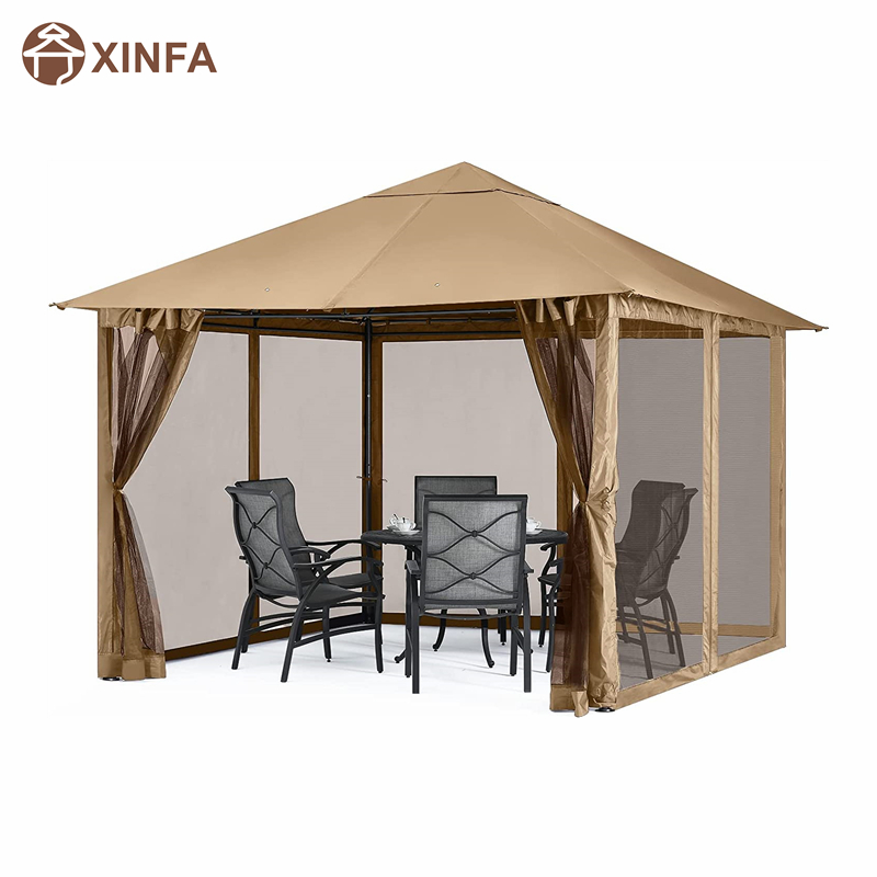 10x 10ft กลางแจ้ง Patio Gazebo Canopy พร้อมตาข่ายยุงสำหรับสนามหญ้า, สวน, สวนหลังบ้าน, สีน้ำตาล