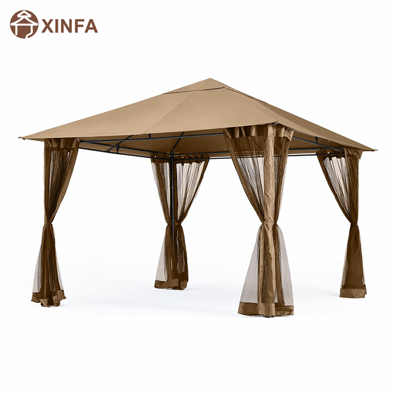 10x 10ft กลางแจ้ง Patio Gazebo Canopy พร้อมตาข่ายยุงสำหรับสนามหญ้า, สวน, สวนหลังบ้าน, สีน้ำตาล