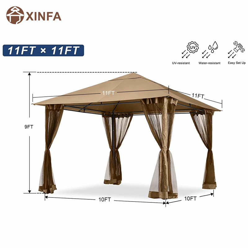 10x 10ft กลางแจ้ง Patio Gazebo Canopy พร้อมตาข่ายยุงสำหรับสนามหญ้า, สวน, สวนหลังบ้าน, สีน้ำตาล