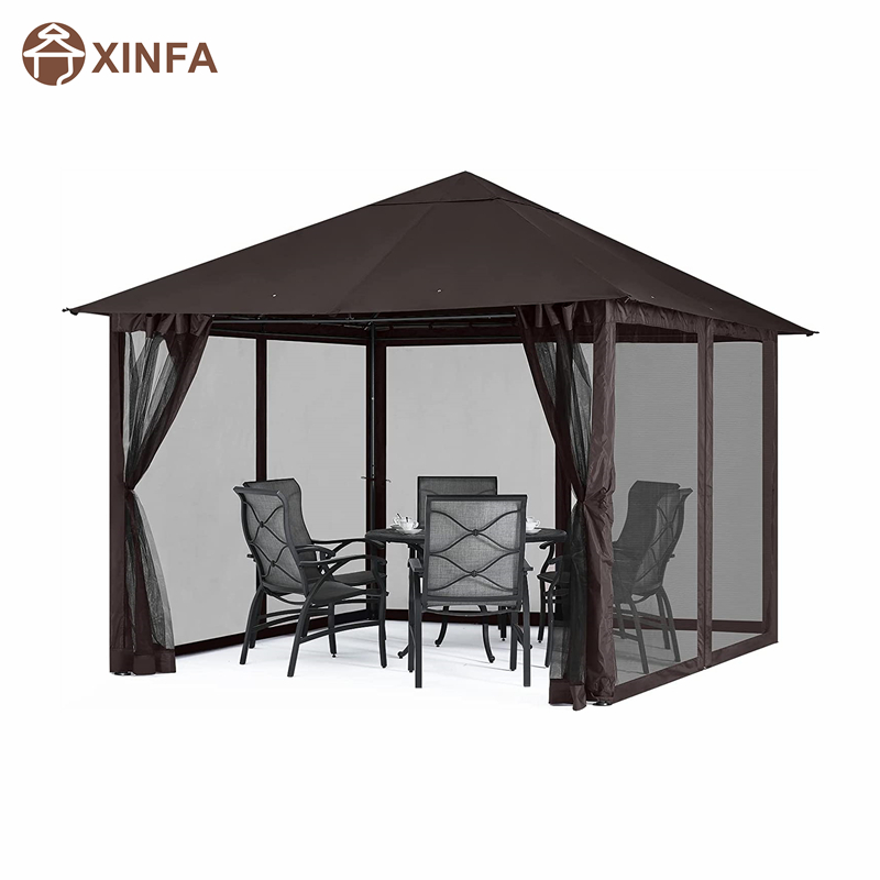 10x 10ft กลางแจ้ง Patio Gazebo Canopy พร้อมตาข่ายยุงสำหรับสนามหญ้า, สวน, สวนหลังบ้าน, ช็อคโกแลต