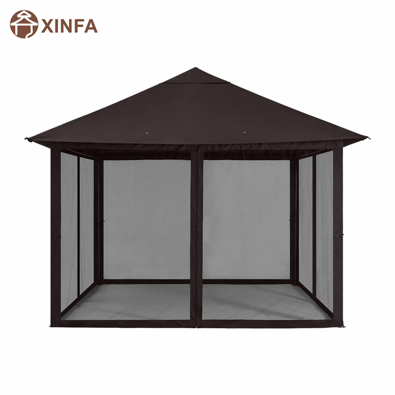 10x 10ft กลางแจ้ง Patio Gazebo Canopy พร้อมตาข่ายยุงสำหรับสนามหญ้า, สวน, สวนหลังบ้าน, ช็อคโกแลต