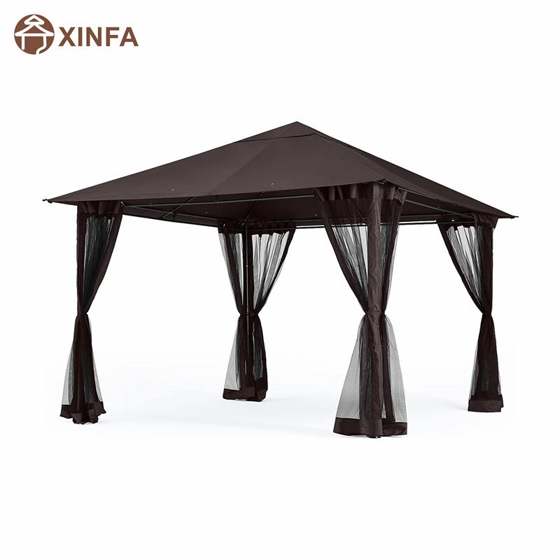 10x 10ft กลางแจ้ง Patio Gazebo Canopy พร้อมตาข่ายยุงสำหรับสนามหญ้า, สวน, สวนหลังบ้าน, ช็อคโกแลต