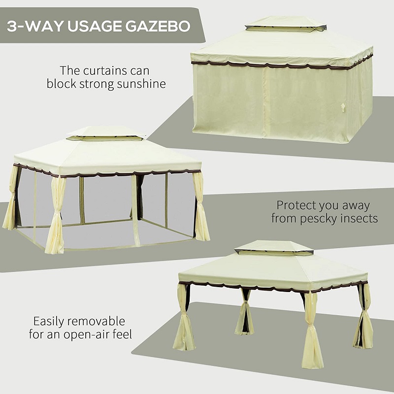 10 \\ 'x 13 \\' Patio Gazebo Roof Double Roof Outdoor Gazebo Shelter ที่พักพิงพร้อมตาข่าย&ผ้าม่านสีเหลืองอ่อน