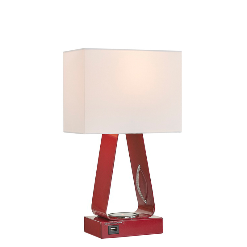 โคมไฟโต๊ะเล็ก ๆ พร้อมผิวสีแดงพอร์ตชาร์จ USB สถานีชาร์จแบบไร้สายและสวิตช์โยก/off ที่ห้องพักที่ห้องพัก