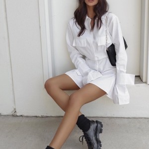 ชุดสีขาวฝรั่งเศสพร้อมเอวและผ้าพันแขนและแท็บยาวสำหรับผู้หญิง 2023 เอวออกแบบใหม่และกระโปรงแขนยาวสีทึบ