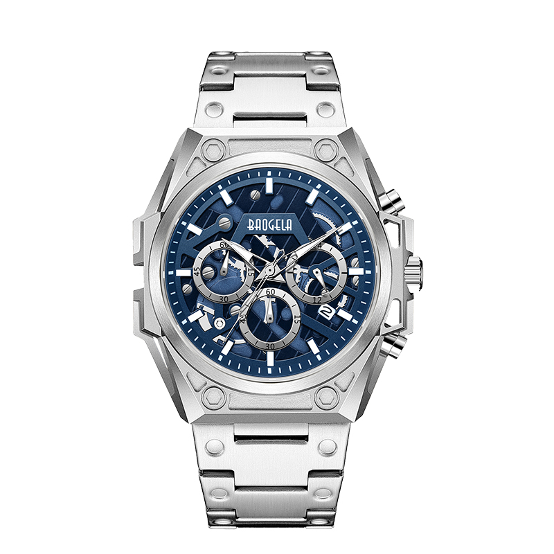 Baogela Luxury Stainless Steel Watches Men หรูหราแบรนด์สปอร์ตสายหนังสายรัดข้อมือข้อมือกันน้ำโครโนกราฟควอตซ์นาฬิกา 22605