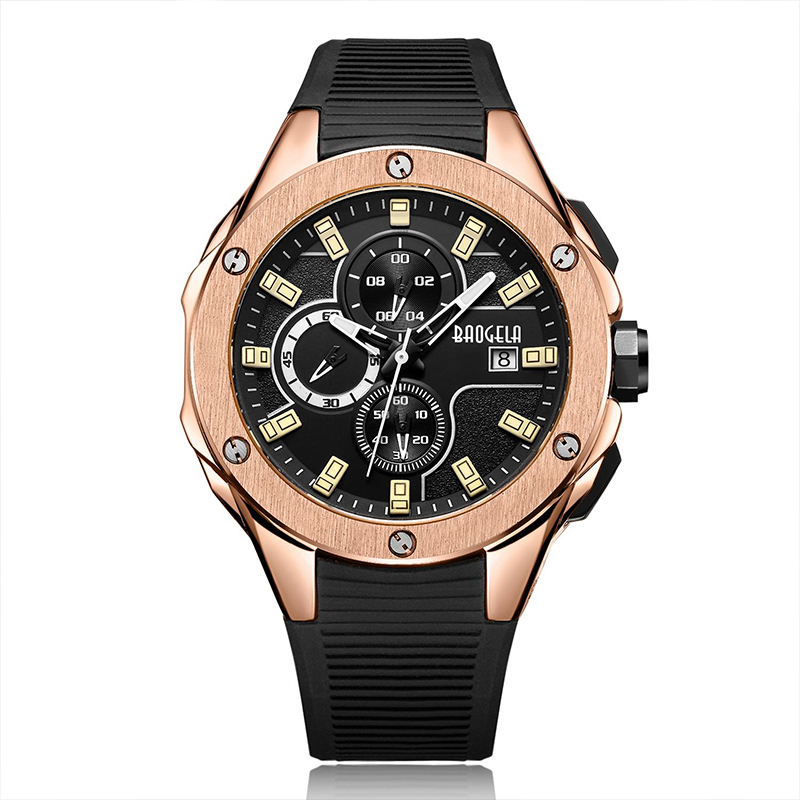 Baogela แบรนด์หรูผู้ชาย Silicone Sports Watches Fashion Army Watch Man โครโนกราฟควอตซ์นาฬิกาข้อมือ Relogio Masculino Rose 22608