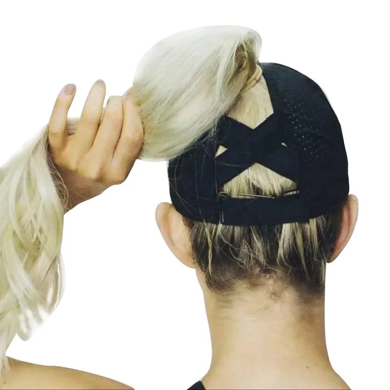 ผู้หญิงผู้หญิงที่กำหนดเองกีฬาโพลีเอสเตอร์ Spandex x Criss Cross Crisscross Pony Tail Baseball Basebs Hats กับ Ponytail Hole