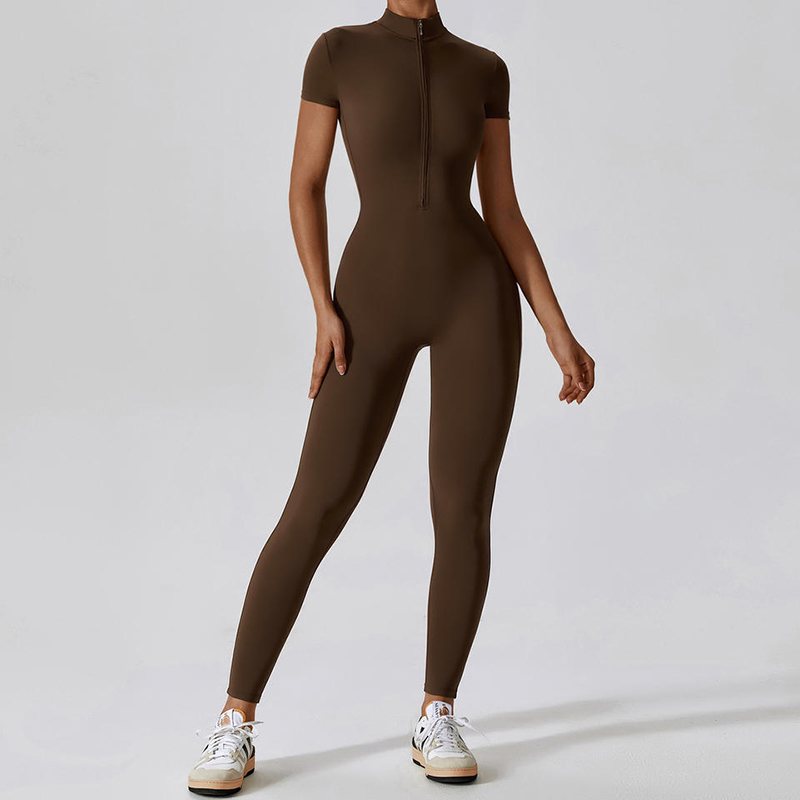 SC1075 One Piece Workout Yoga Jumpsuits แขนสั้นแขนสั้นครึ่งซิปยิม Romper Bodysuit