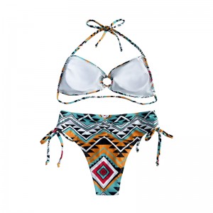 Halter Hollowed Out Pleated Print Stynic Stynic Swimsuits ชุดว่ายน้ำสองชิ้น