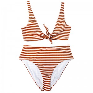 แถบสีส้มสีส้มไหล่กว้างโบว์สะดวกสบายเอวสูงสองชิ้นชุดว่ายน้ำ