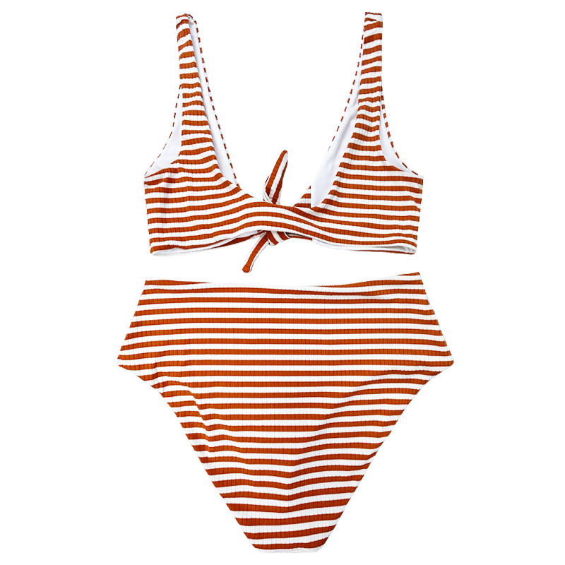 แถบสีส้มสีส้มไหล่กว้างโบว์สะดวกสบายเอวสูงสองชิ้นชุดว่ายน้ำ