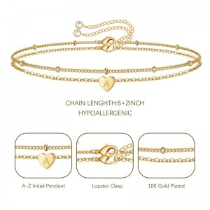 สร้อยข้อมือหัวใจทองคำ Hongde 18K Gold Plated Letter A-Z สร้อยข้อมือเริ่มต้น สร้อยข้อมือหัวใจ สแต็ค