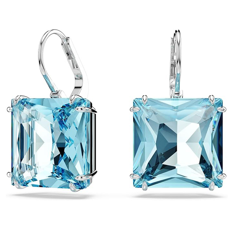 Ocean Blue Crystal Square ต่างหู Swarovski Millenia ต่างหู คริสตัลทรงสี่เหลี่ยม สีน้ำเงิน ชุบโรเดียม