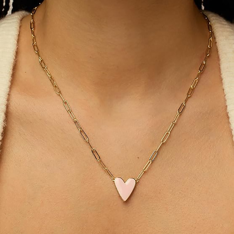 14K Gold Plated Heart จี้สร้อยคอผู้หญิงรักคลิปหนีบกระดาษสร้อยคอสีฟ้าสีชมพูสีม่วงสีขาวเคลือบหัวใจจี้