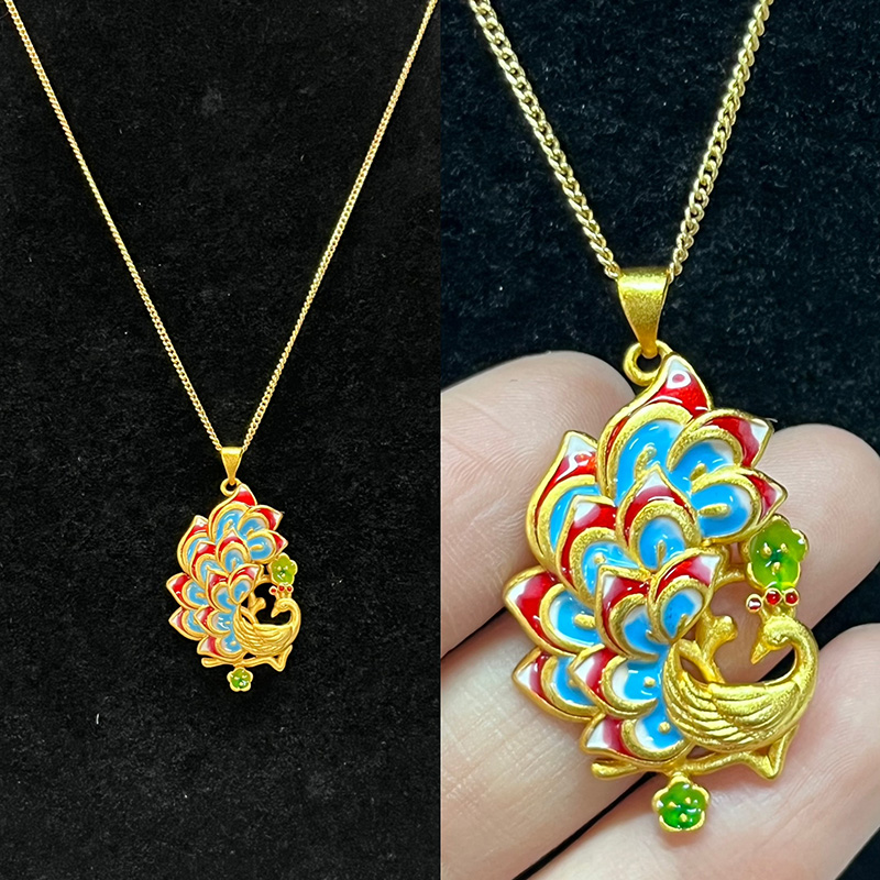 สร้อยคอนกยูง Luxury Cloisonné Peacock พร้อมการชุบทองและงานศิลปะเคลือบฟันแบบทำด้วยมือ