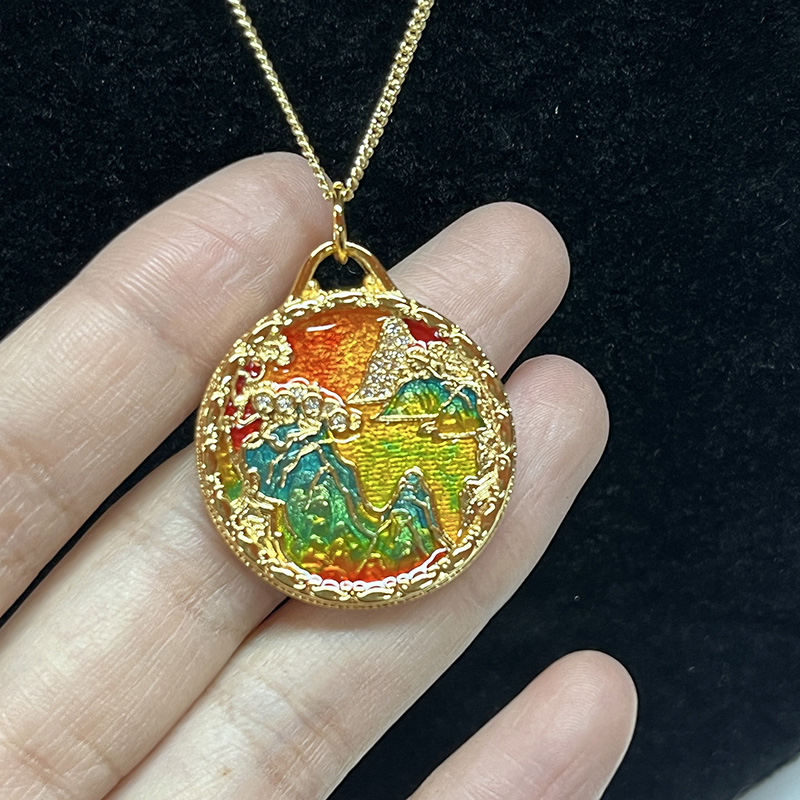 ทำด้วยมือCloisonnéเคลือบฟันสร้อยคอจี้ด้วยการชุบทอง 18k & จารึกคู่-การออกแบบด้าน