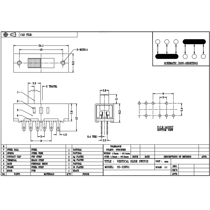 สลับสวิตช์ SS23F10 สาม-สวิตช์เลื่อนความเร็วสำหรับการปรับอุณหภูมิสีไฟ LED และสูง-มอเตอร์เป่าผมเร็ว